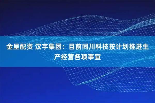 金呈配资 汉宇集团：目前同川科技按计划推进生产经营各项事宜